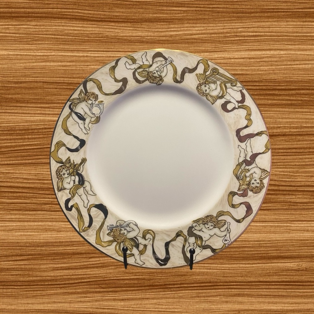 Heavenly Host Porcelain Dinner Plate by American Atelier Cherub Angles Gold Trim